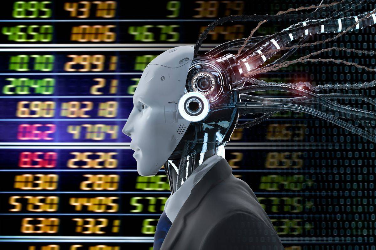 Kanak Capital Markets review on AI-powered trading with a robot analyzing live market data and stock prices.